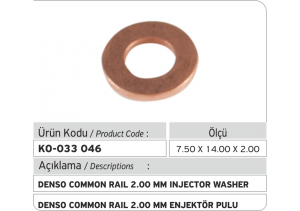 2.00 mm Denso Common Rail Enjektör Pulu (7.50 x 14.00 x 2.00 mm)